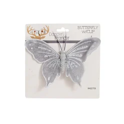 Hanging Decorations>Christmas World Grey Velour Butterfly With Clip (20Cm)