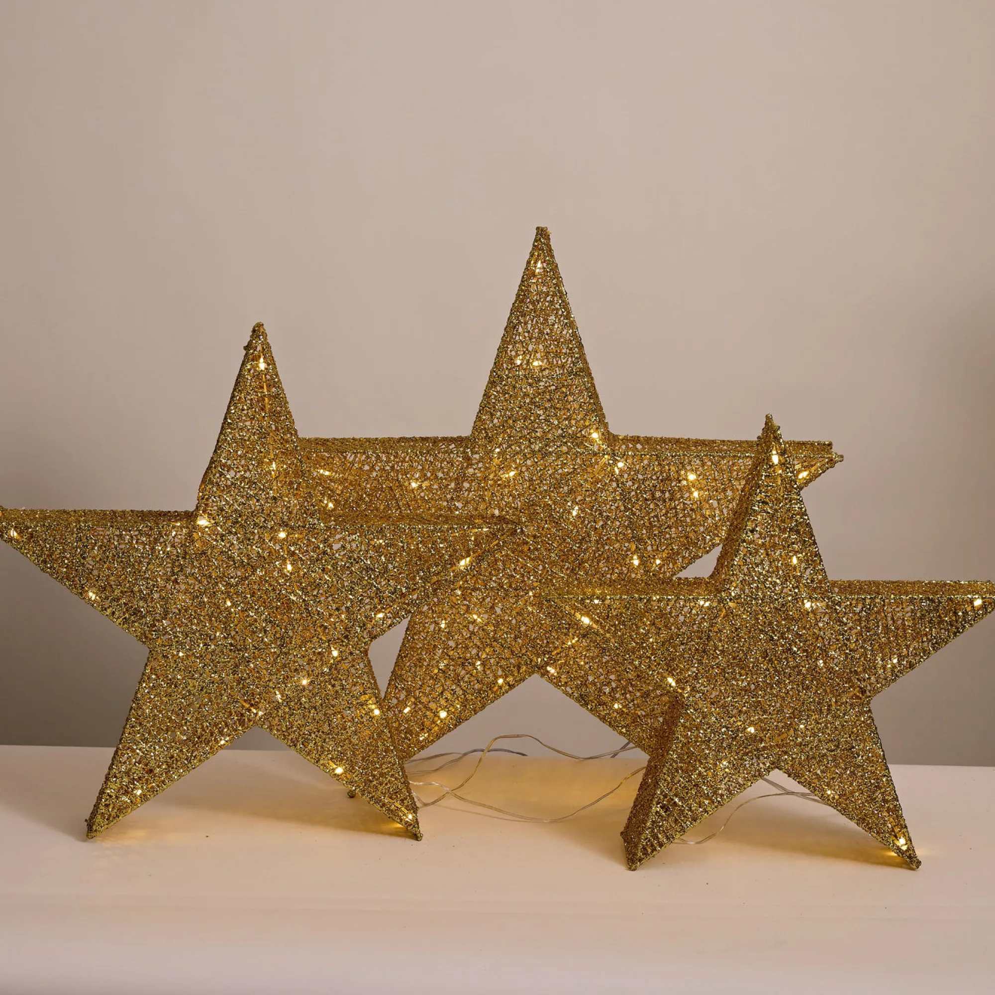 3D & 2D Displays>Christmas World Led Gold Glitter Thread Nested Stars (3Pc)
