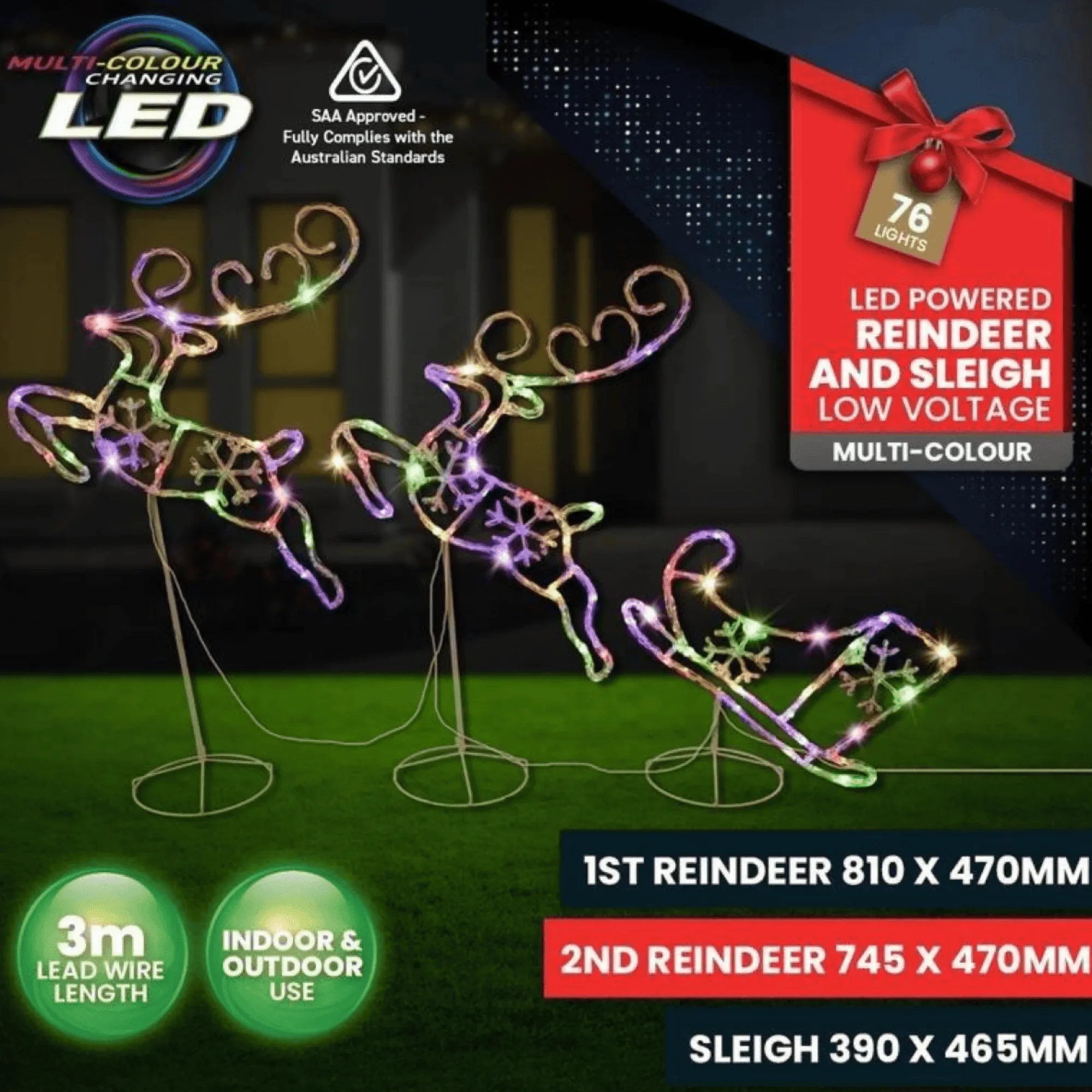 3D & 2D Displays>Christmas World Led Multi Leaping Deer With Sleigh Stake (3Pc)