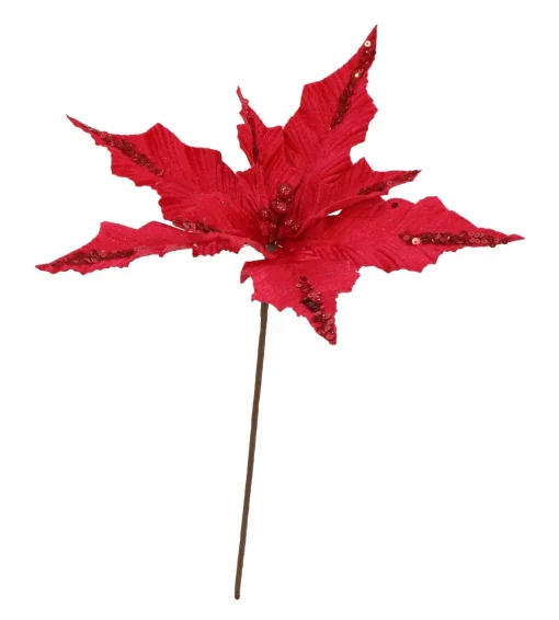 Pick & Berries>Christmas World Red Mix Velvet Poinsettia Pick (30Cm)