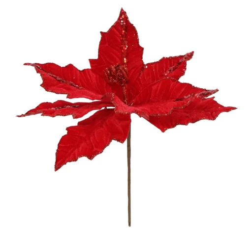 Pick & Berries>Christmas World Red Mix Velvet Poinsettia Pick (30Cm)