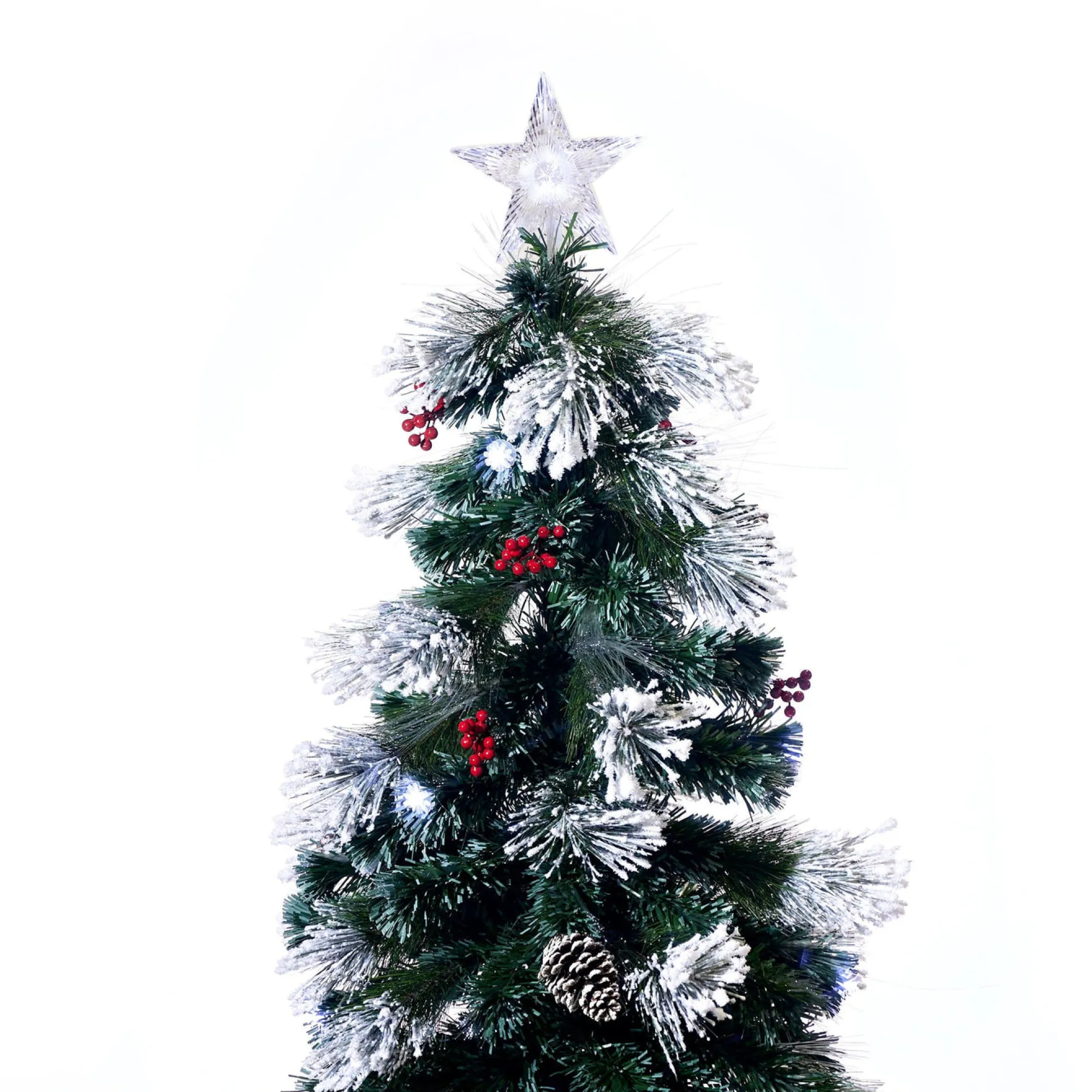 Fibre Optic Trees>Christmas World Snowy Fibre Optic Tree With Pinecones & Berries (1.8M)