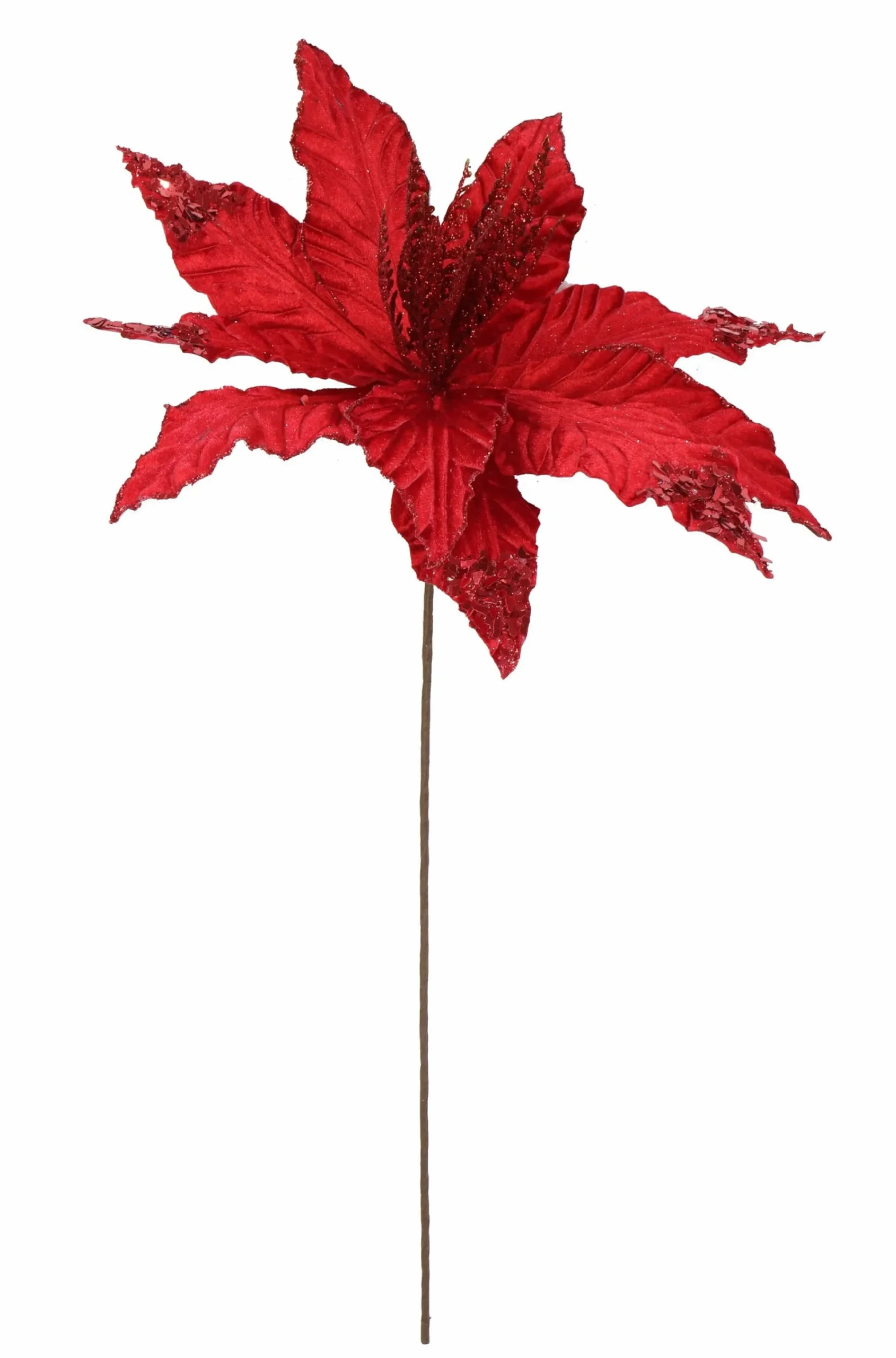 Traditional & Berry>Christmas World Velvet Poinsettia Stem With Sequins Asst (58Cm)
